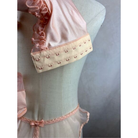 Vintage Under Bust Corset Lingerie Set 4pc Sheer Pink Ruffle Robe 90s RARE XS S - Picture 6 of 10